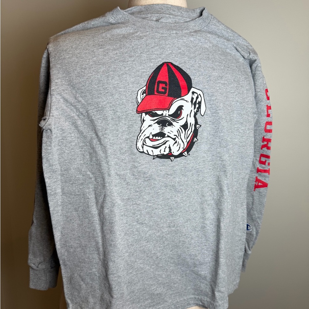 Champion Gray Long-Sleeve Tee with Red & Black Bulldog Graphic